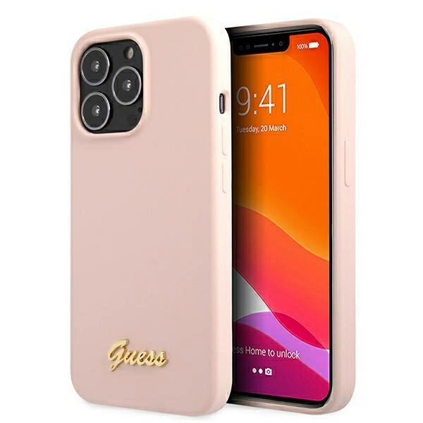 Guess GUHMP13XLSLMGLP iPhone 13 Pro Max 6.7" light pink/light pink hardcase Silicone Script Gold Logo Magsafeeng