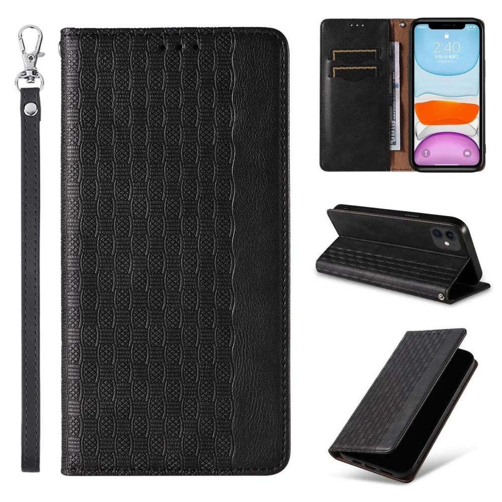 Magnet Strap Case for iPhone 12 Pouch Wallet + Mini Lanyard Pendant Blackeng