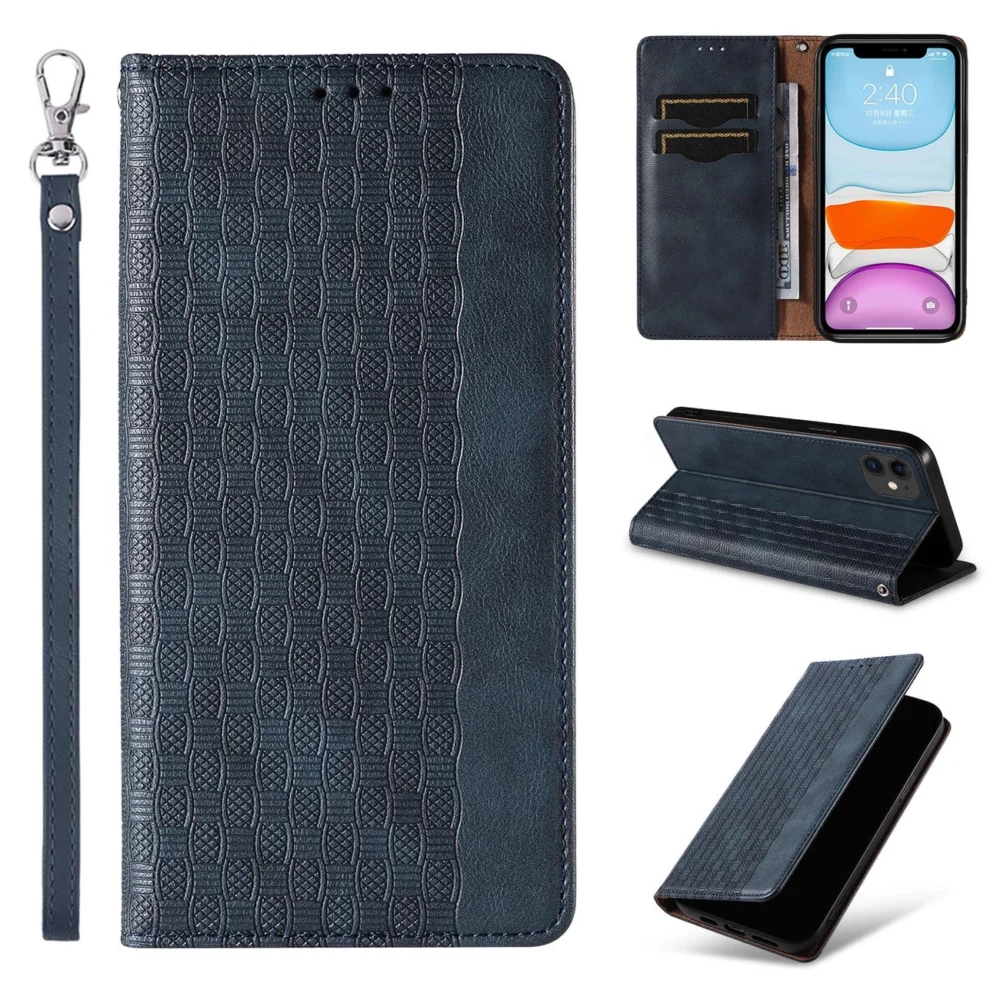 Magnet Strap Case for iPhone 13 case wallet + mini lanyard pendant blueeng
