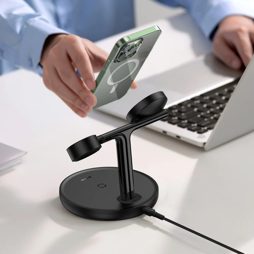 Baseus Swan inductive charger (compatible with MagSafe) stand for iPhone, Apple Watch, AirPods + 1m USB-C cable black (WXTE000101)eng