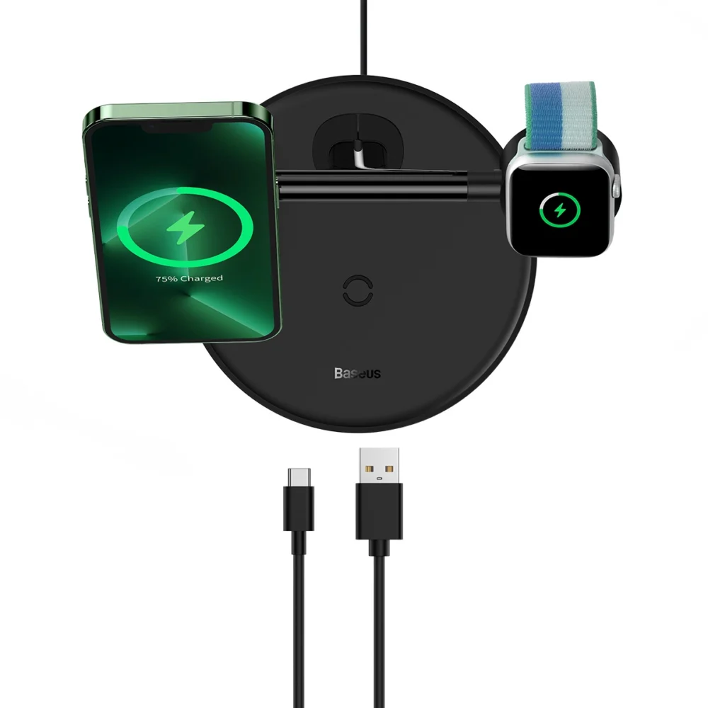 Baseus Swan inductive charger (compatible with MagSafe) stand for iPhone, Apple Watch, AirPods + 1m USB-C cable black (WXTE000101)eng