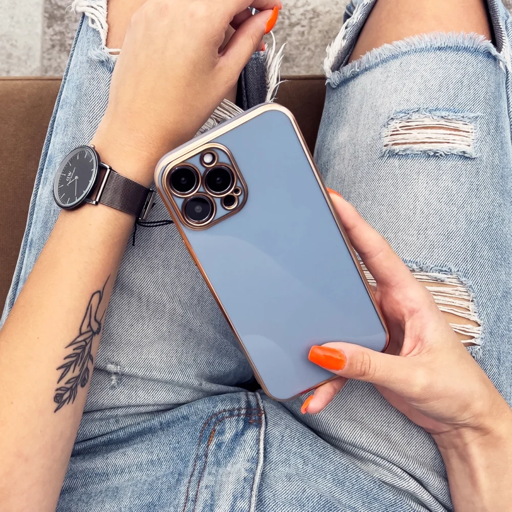 Lighting Color Case for iPhone 13 Pro blue gel cover with gold frameeng
