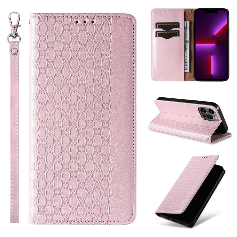 Magnet Strap Case Case for iPhone 14 Pro Flip Wallet Mini Lanyard Stand Pinkeng