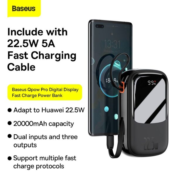 BASEUS powerbank 20 000 mAh with built-in cable + cable USB A to Type C PD QC3.0 3A 22,5W PPQD060301 black