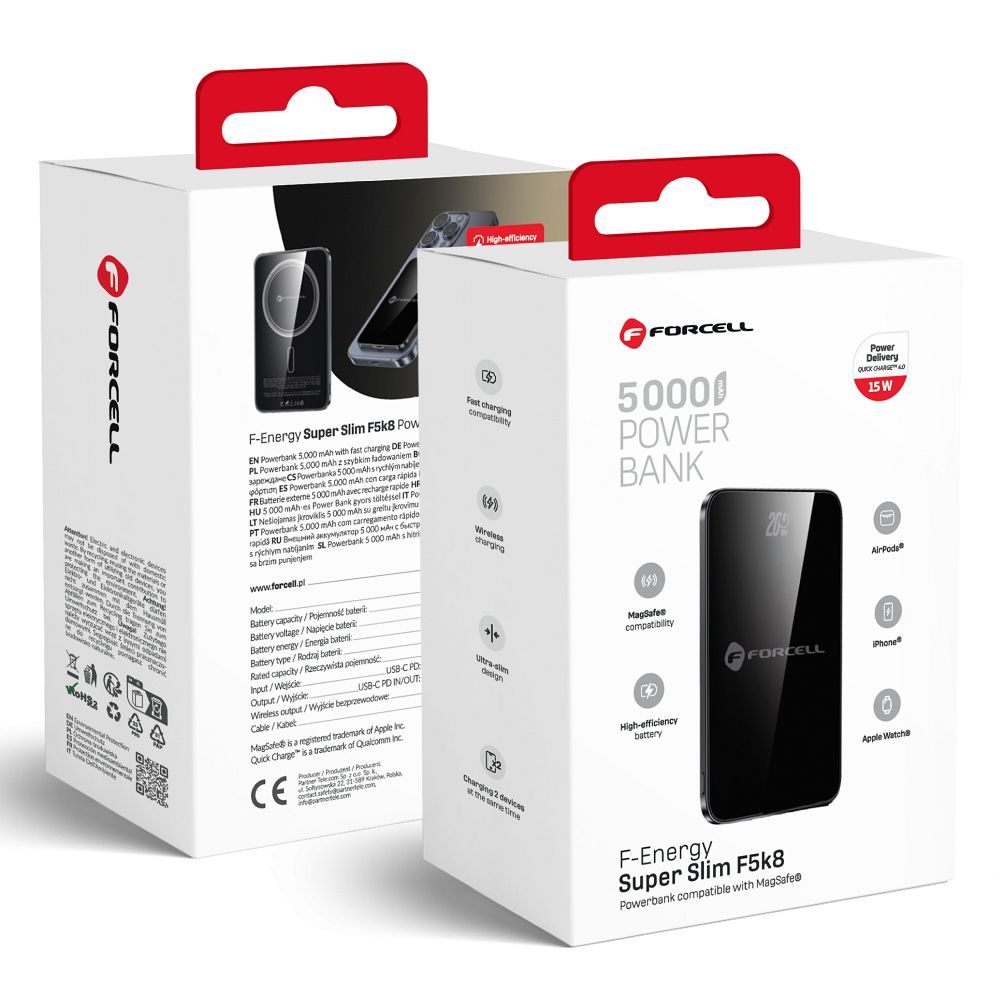 FORCELL F-ENERGY F5K8 Super Slim powerbank compatible with MagSafe PD3.0 QC4.0 15W 5000 mAh black