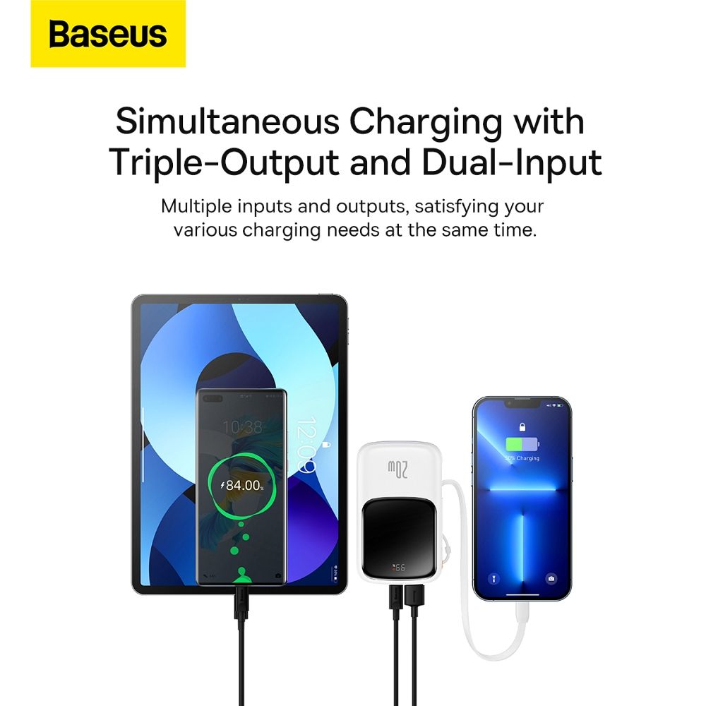 BASEUS powerbank 10 000 mAh with built-in cable Lightning + cable USB A to Type C PD QC3.0 3A 20W PPQD020002 white