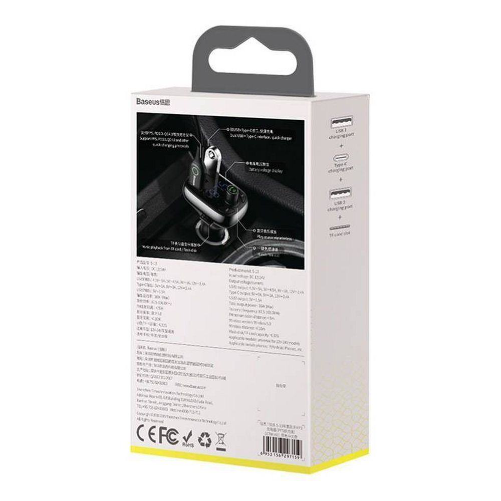 BASEUS car charger 2 x USB A + Type C + transmitter FM BT PD QC4.0 5A 36W S-13 CCMT000101 / CCMT000301 black