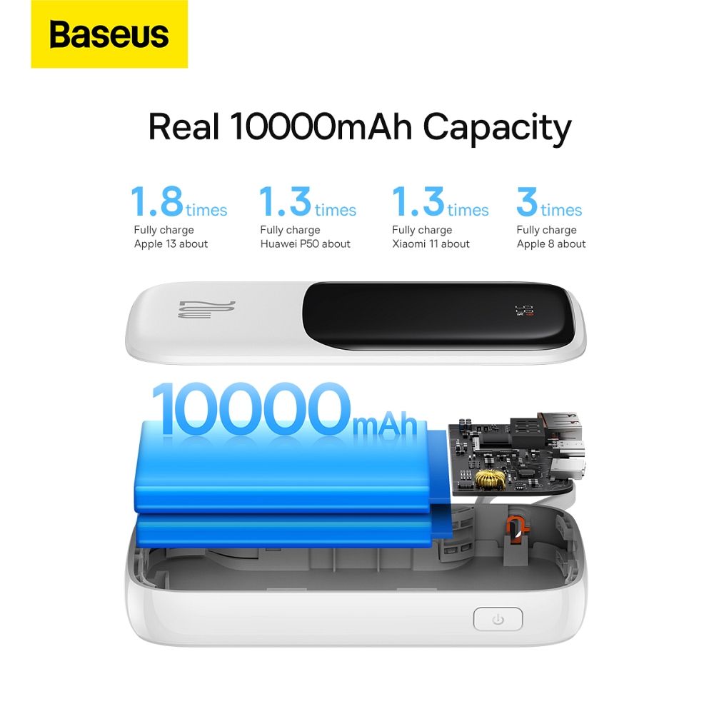 BASEUS powerbank 10 000 mAh with built-in cable Lightning + cable USB A to Type C PD QC3.0 3A 20W PPQD020002 white