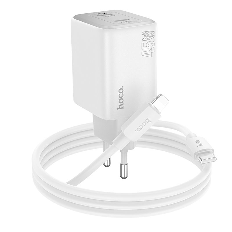 HOCO charger 2 x Type C + cable Type C to Lightning PD QC 45W GaN N42 white