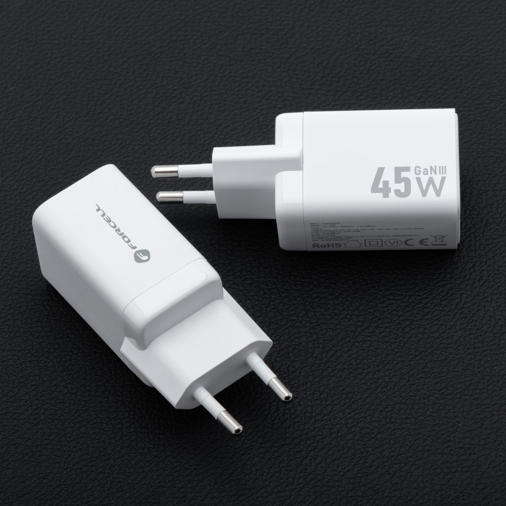 FORCELL F-ENERGY Mini GaN III VT-36 travel charger with 1 x Type C + 1x USB A sockets, PD QC4.0 45W white