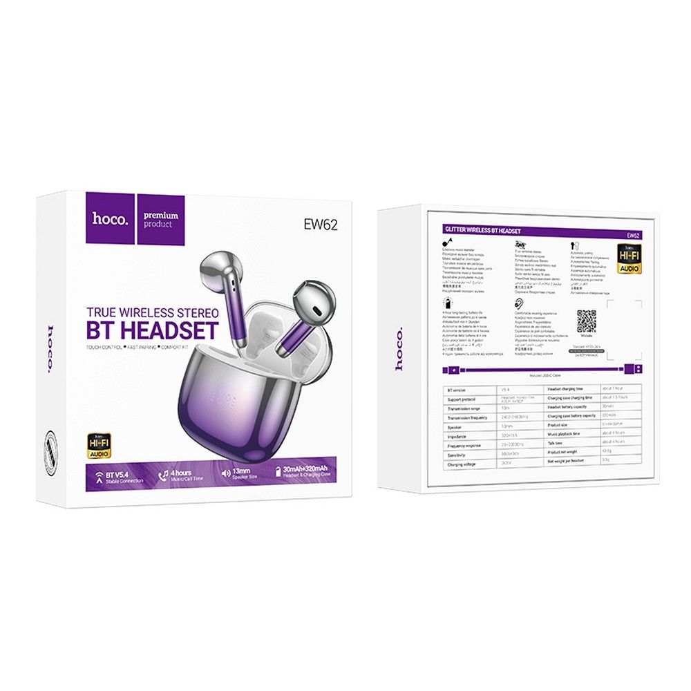 EOL HOCO wireless earphones bluetooth TWS EW62 purple glaze