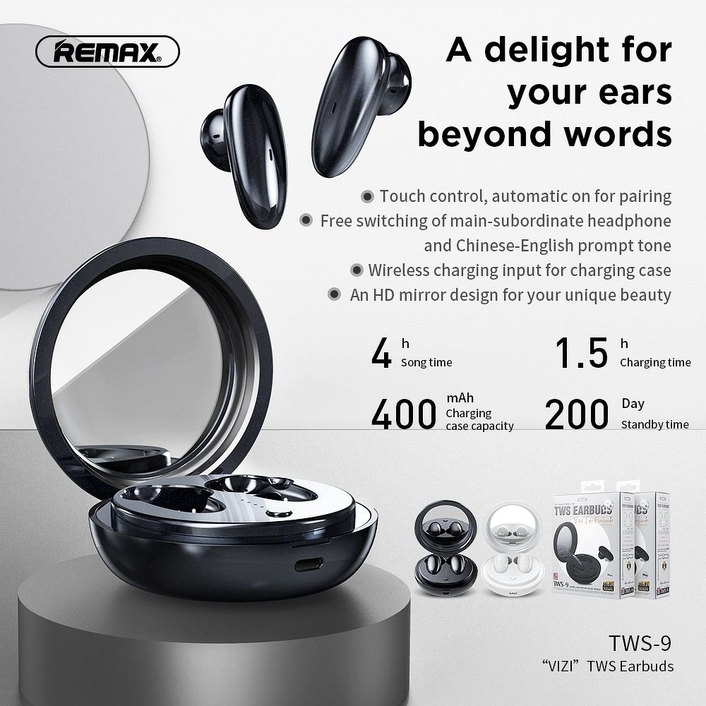 REMAX wireless stereo earbuds TWS-9 with docking station and mirror white