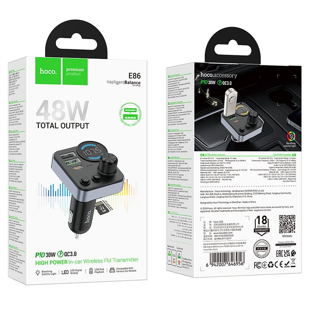 HOCO car transmitter FM bluetooth 2 x USB A + Type C PD QC3.0 48W E86 black
