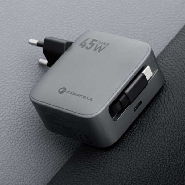 FORCELL F-ENERGY GaN III VT-R5 travel charger with retractable cable Type C and Type C charging port PD QC4.0 3A 45W gray