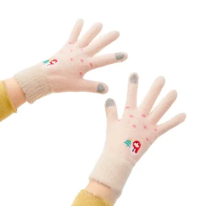 Women's winter telephone gloves with a snowman and a Christmas tree - beigeeng