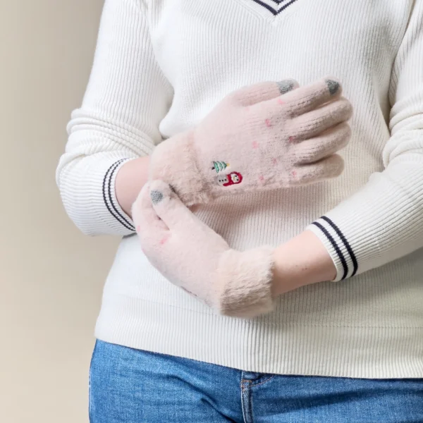 Women's winter telephone gloves with a snowman and a Christmas tree - beigeeng