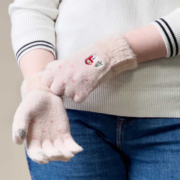 Women's winter telephone gloves with a snowman and a Christmas tree - beigeeng