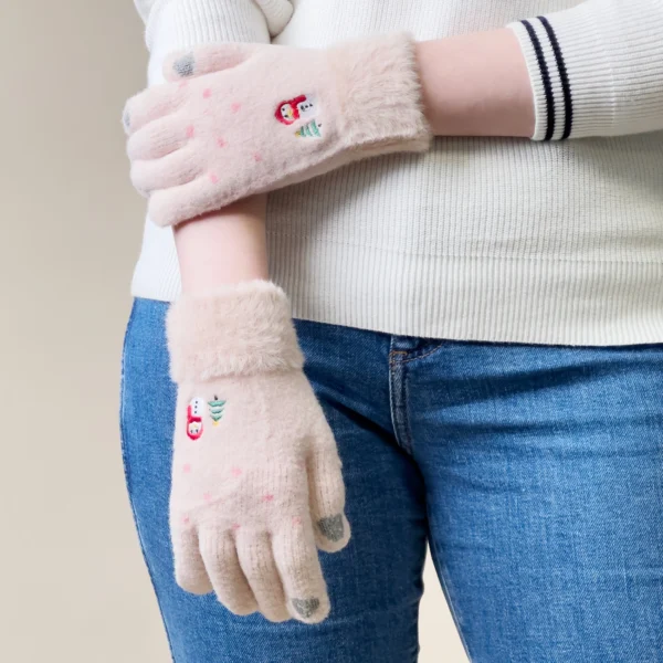 Women's winter telephone gloves with a snowman and a Christmas tree - beigeeng