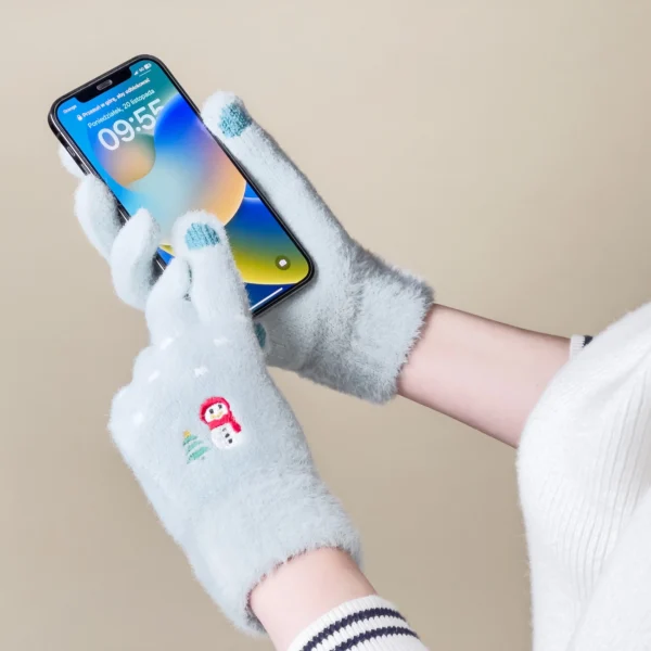 Women's winter telephone gloves with a snowman and a Christmas tree - greeneng