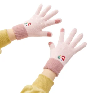 Women's winter telephone gloves with a snowman and a Christmas tree - pinkeng