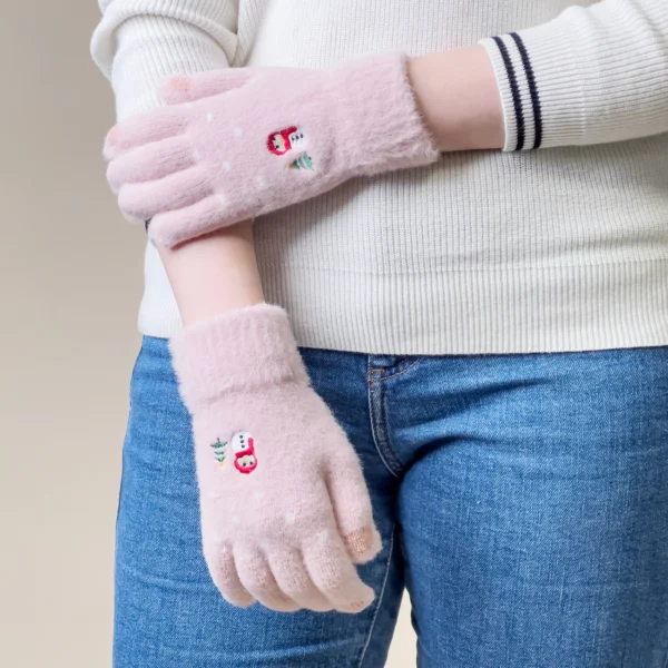 Women's winter telephone gloves with a snowman and a Christmas tree - pinkeng