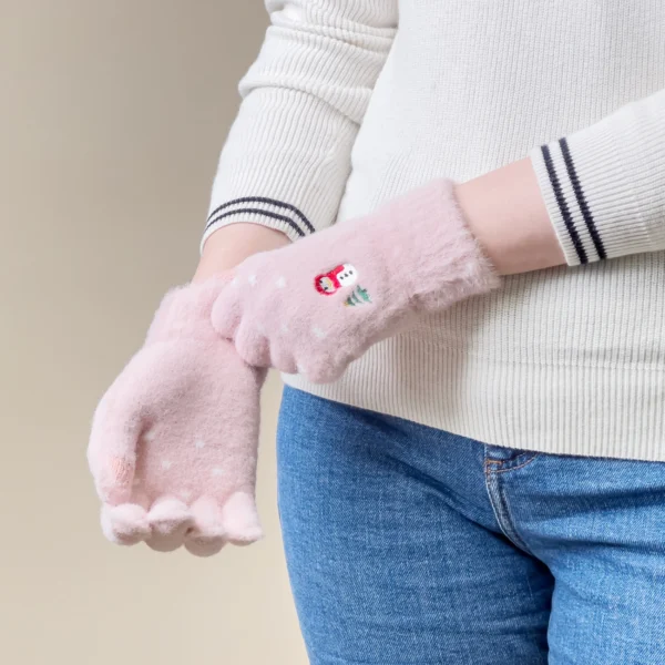 Women's winter telephone gloves with a snowman and a Christmas tree - pinkeng