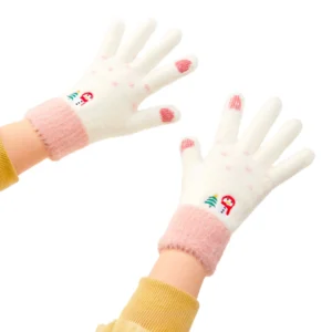Women's winter telephone gloves with a snowman and a Christmas tree - white and pinkeng