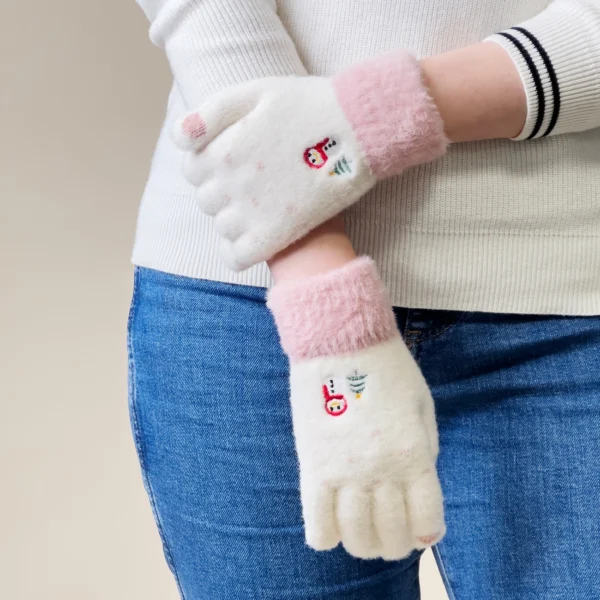 Women's winter telephone gloves with a snowman and a Christmas tree - white and pinkeng