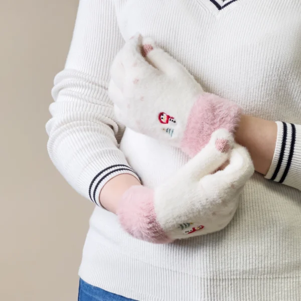 Women's winter telephone gloves with a snowman and a Christmas tree - white and pinkeng