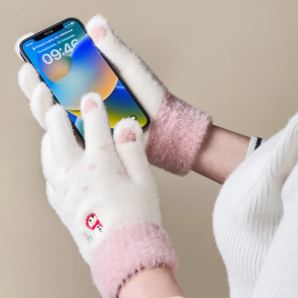 Women's winter telephone gloves with a snowman and a Christmas tree - white and pinkeng