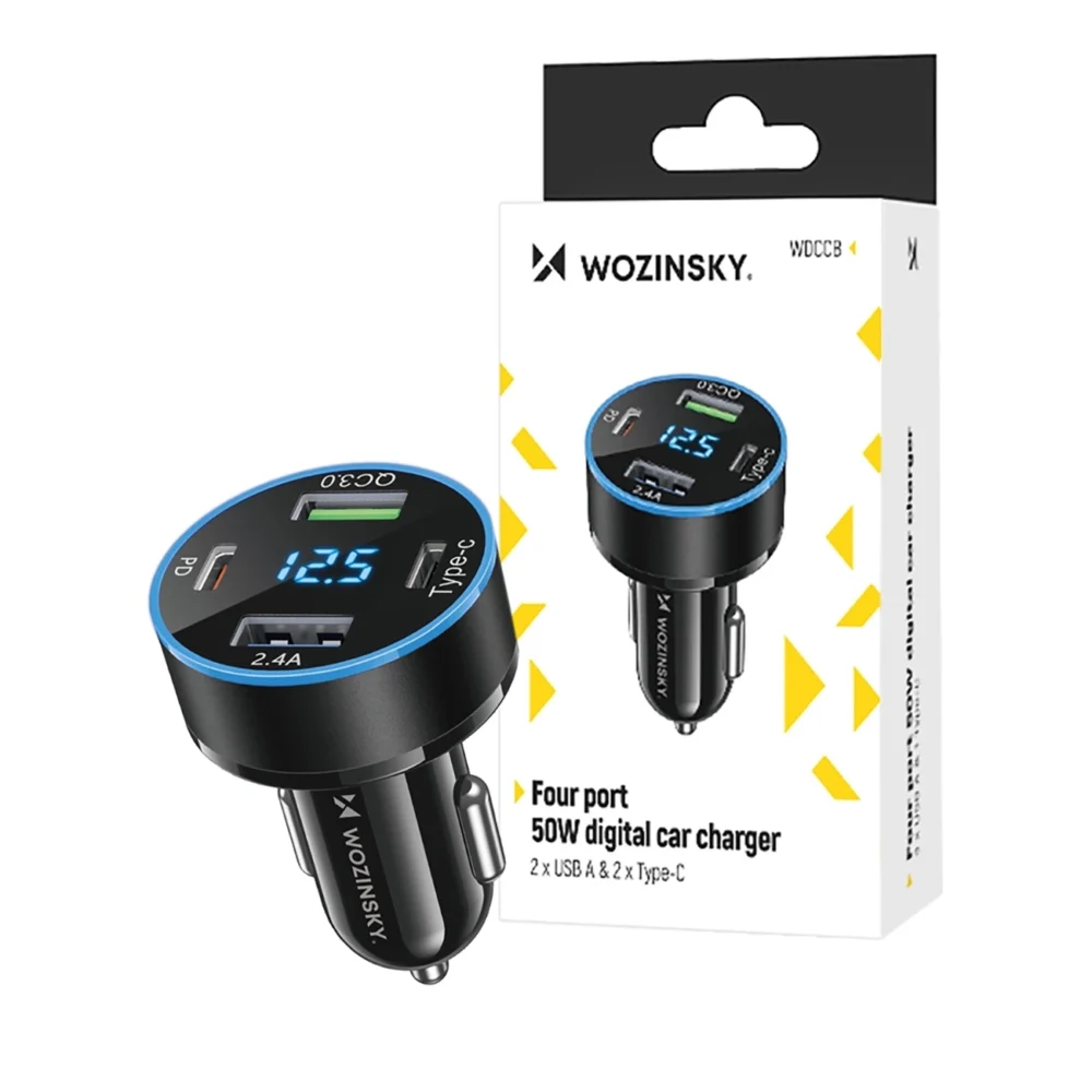 Wozinsky WDCCB Car Charger with Display 50W 2xUSB-C / 2xUSB-A - Blackeng