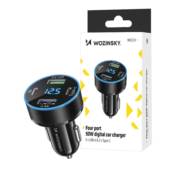 Wozinsky WDCCB Car Charger with Display 50W 2xUSB-C / 2xUSB-A - Blackeng