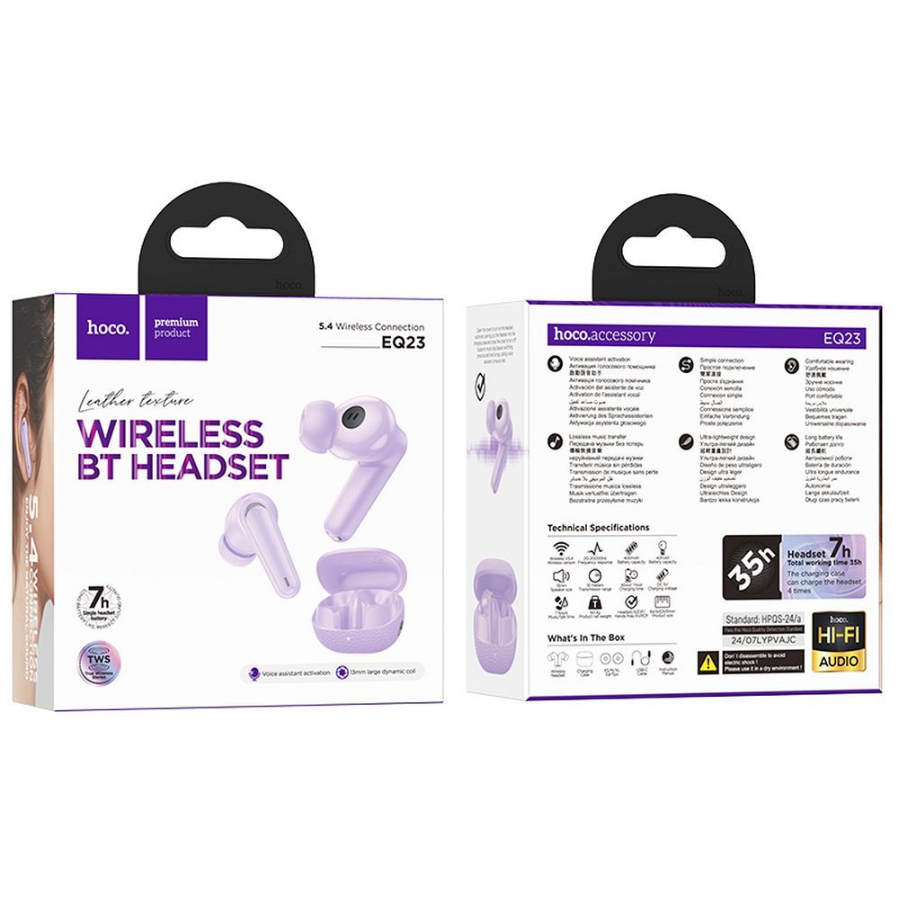 15751d235cb3baeeefe1d8da1ccaa329 HOCO wireless earphones bluetooth TWS EQ23 purple