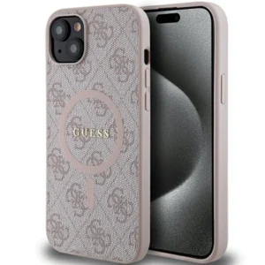 Guess 4G Collection Leather Metal Logo MagSafe Case for iPhone 15/14/13 - Pinkeng