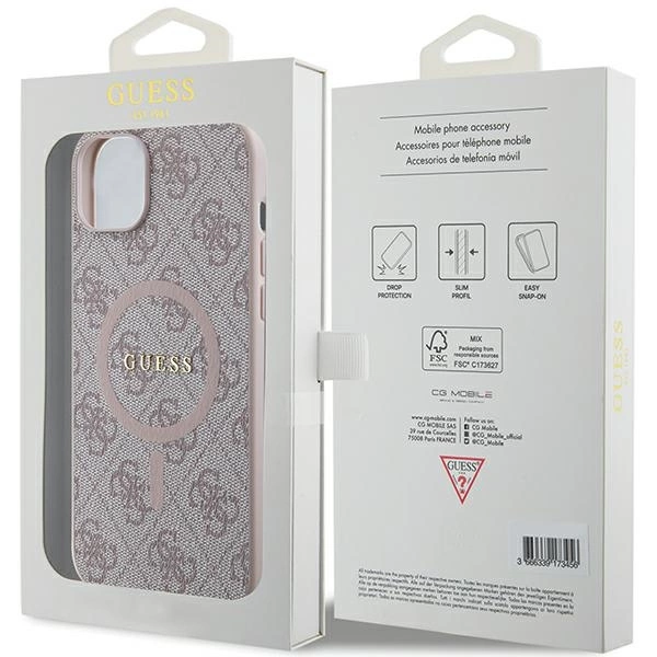 Guess 4G Collection Leather Metal Logo MagSafe Case for iPhone 15/14/13 - Pinkeng