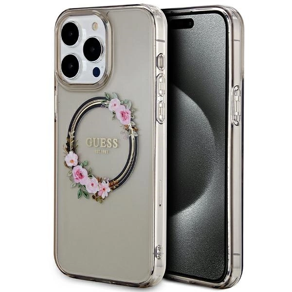 Guess IML Flowers Wreath MagSafe case for iPhone 15 Pro Max - blackeng
