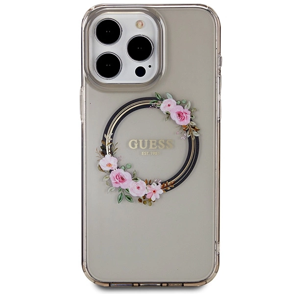Guess IML Flowers Wreath MagSafe case for iPhone 15 Pro Max - blackeng