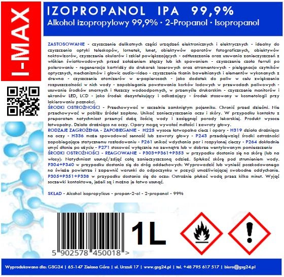 Isopropyl alcohol Isopropanol IPA I-MAX 99.9% 1Leng