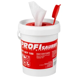 Cloths in a soaking bucket with a ProfiSauber WET SET 100 dispensereng