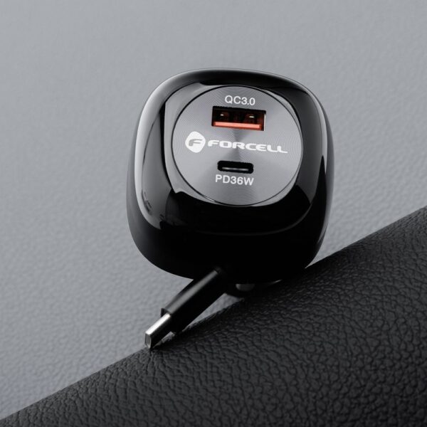 FORCELL F-ENERGY Alu car charger with retractable cable Type C and Type C + USB A sockets PD QC4.0 SFC2.0 3A 75W black