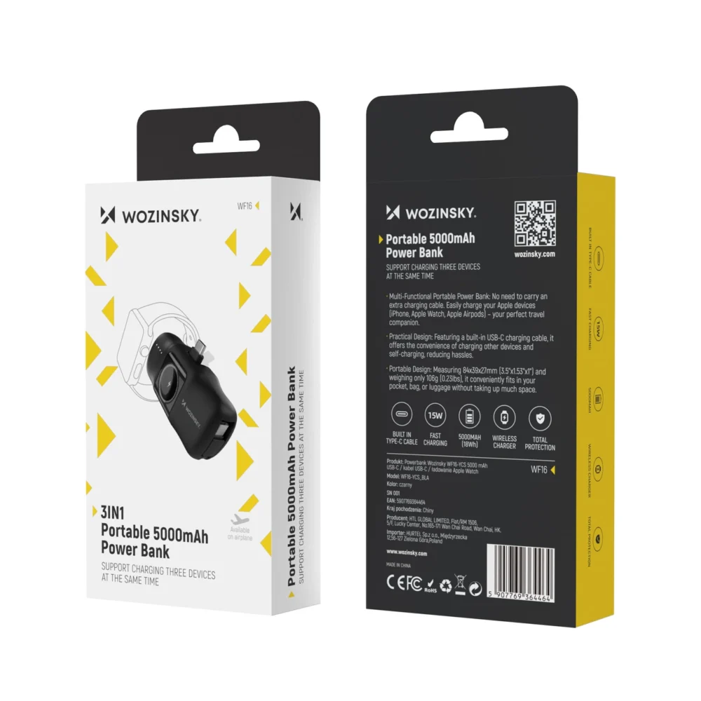 Wozinsky WF16-YCS 5000mAh 15W USB-C Mini Power Bank with Built-in USB-C Cable and Apple Watch Charger - Blackeng