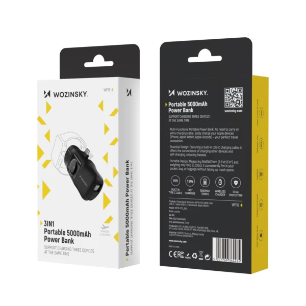 Wozinsky WF16-YCS 5000mAh 15W USB-C Mini Power Bank with Built-in USB-C Cable and Apple Watch Charger - Blackeng