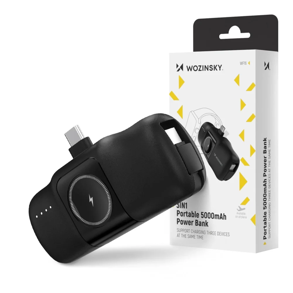 Wozinsky WF16-YCS 5000mAh 15W USB-C Mini Power Bank with Built-in USB-C Cable and Apple Watch Charger - Blackeng