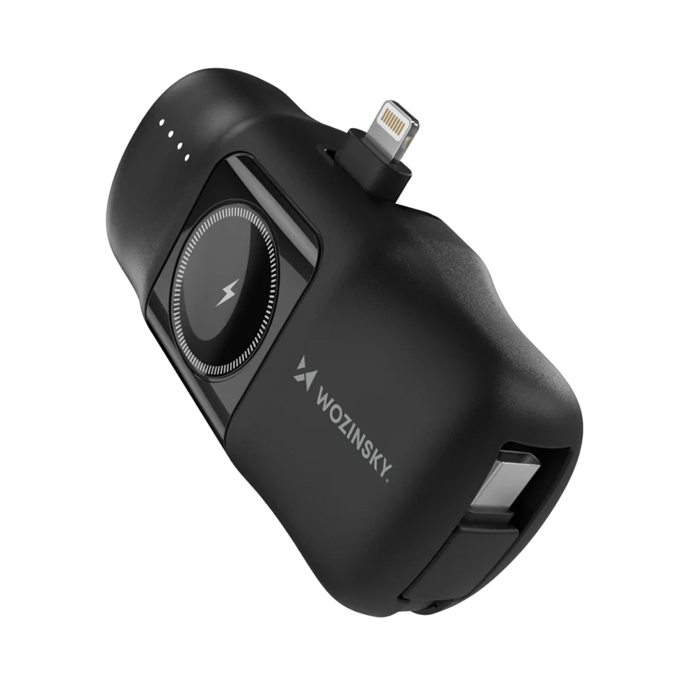 Wozinsky WF16-YLS 5000mAh 15W Lightning Mini Power Bank with Built-in USB-C Cable and Apple Watch Charger - Blackeng