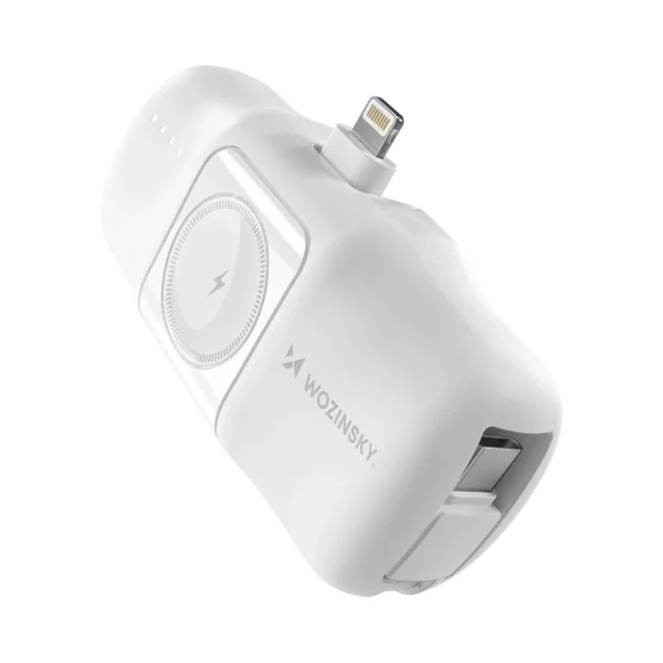 Wozinsky WF16-YLS 5000mAh 15W Lightning Mini Power Bank with Built-in USB-C Cable and Apple Watch Charger - Whiteeng