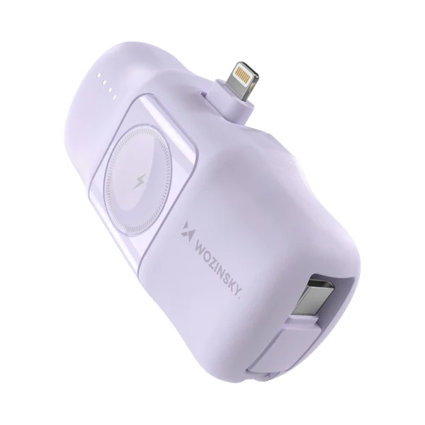 Wozinsky WF16-YLS 5000mAh 15W Lightning Mini Power Bank with Built-in USB-C Cable and Apple Watch Charger - Purpleeng
