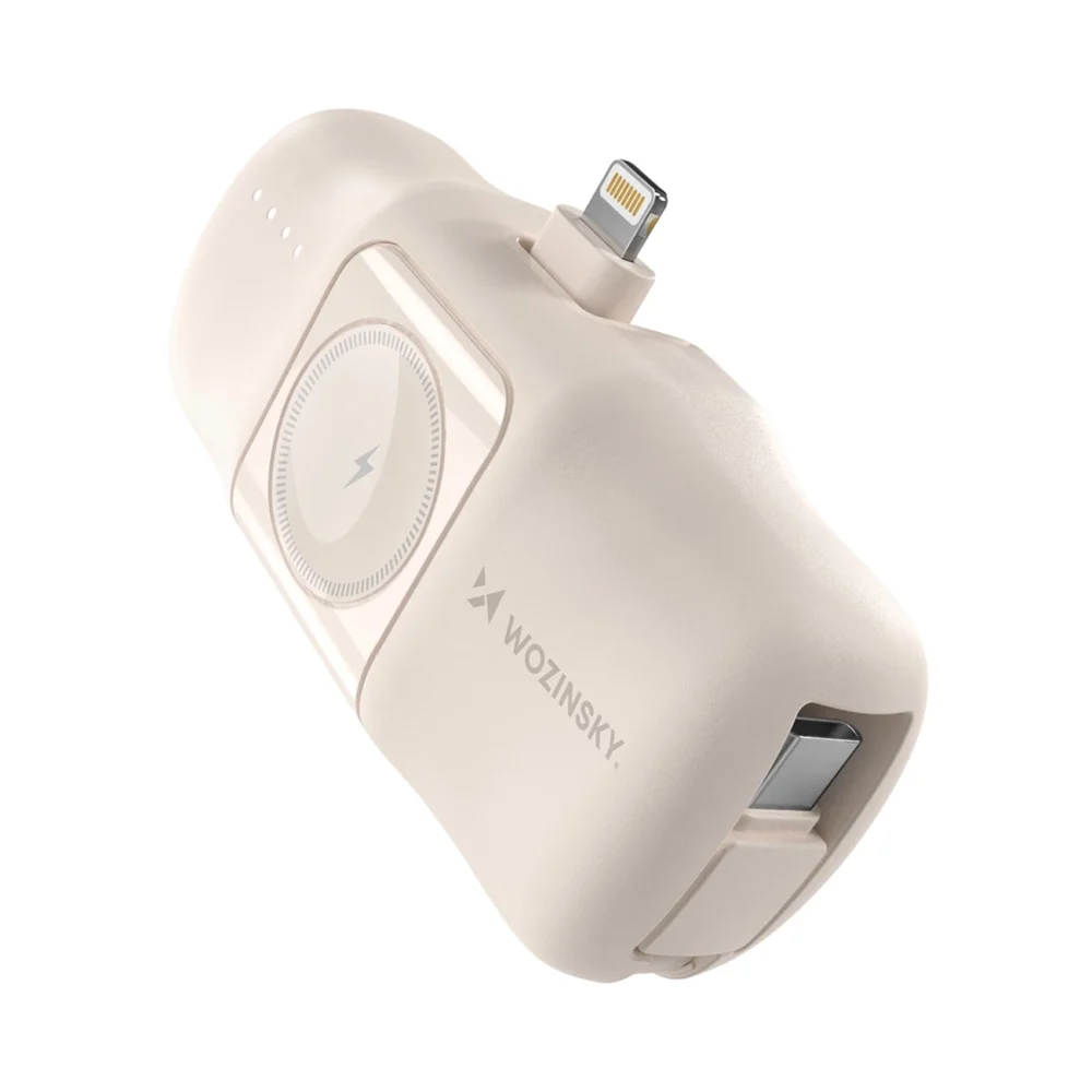 Wozinsky WF16-YLS 5000mAh 15W Lightning Mini Power Bank with Built-in USB-C Cable and Apple Watch Charger - Beigeeng
