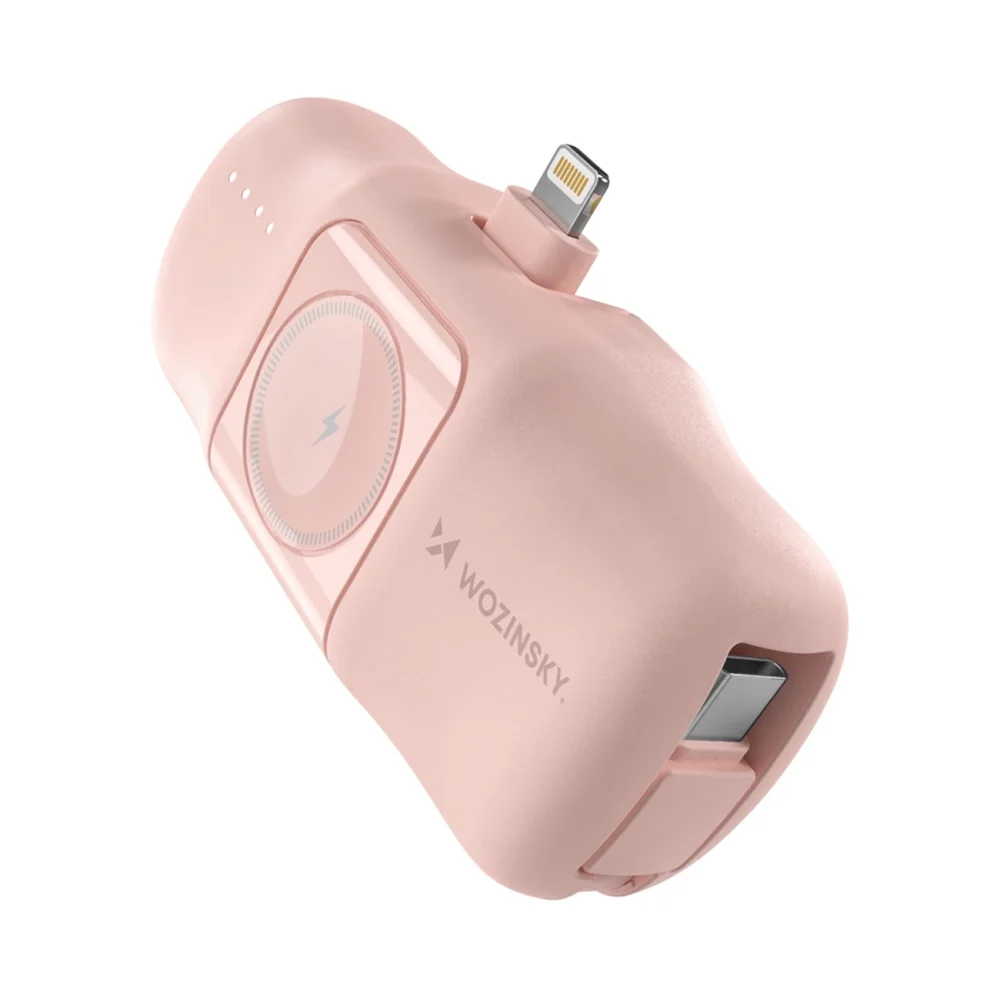 Wozinsky WF16-YLS 5000mAh 15W Lightning Mini Power Bank with Built-in USB-C Cable and Apple Watch Charger - Pinkeng