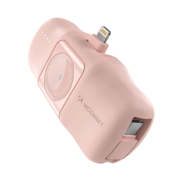 Wozinsky WF16-YLS 5000mAh 15W Lightning Mini Power Bank with Built-in USB-C Cable and Apple Watch Charger - Pinkeng