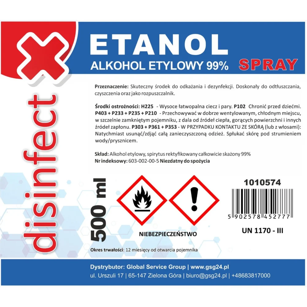 ETHANOL - Ethyl alcohol denatured DISINFECT 99% spray 500mleng